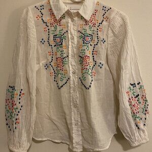 Anthropologie Brand Sheer Collared Button Up Shirt Embroidered Accents Size XS